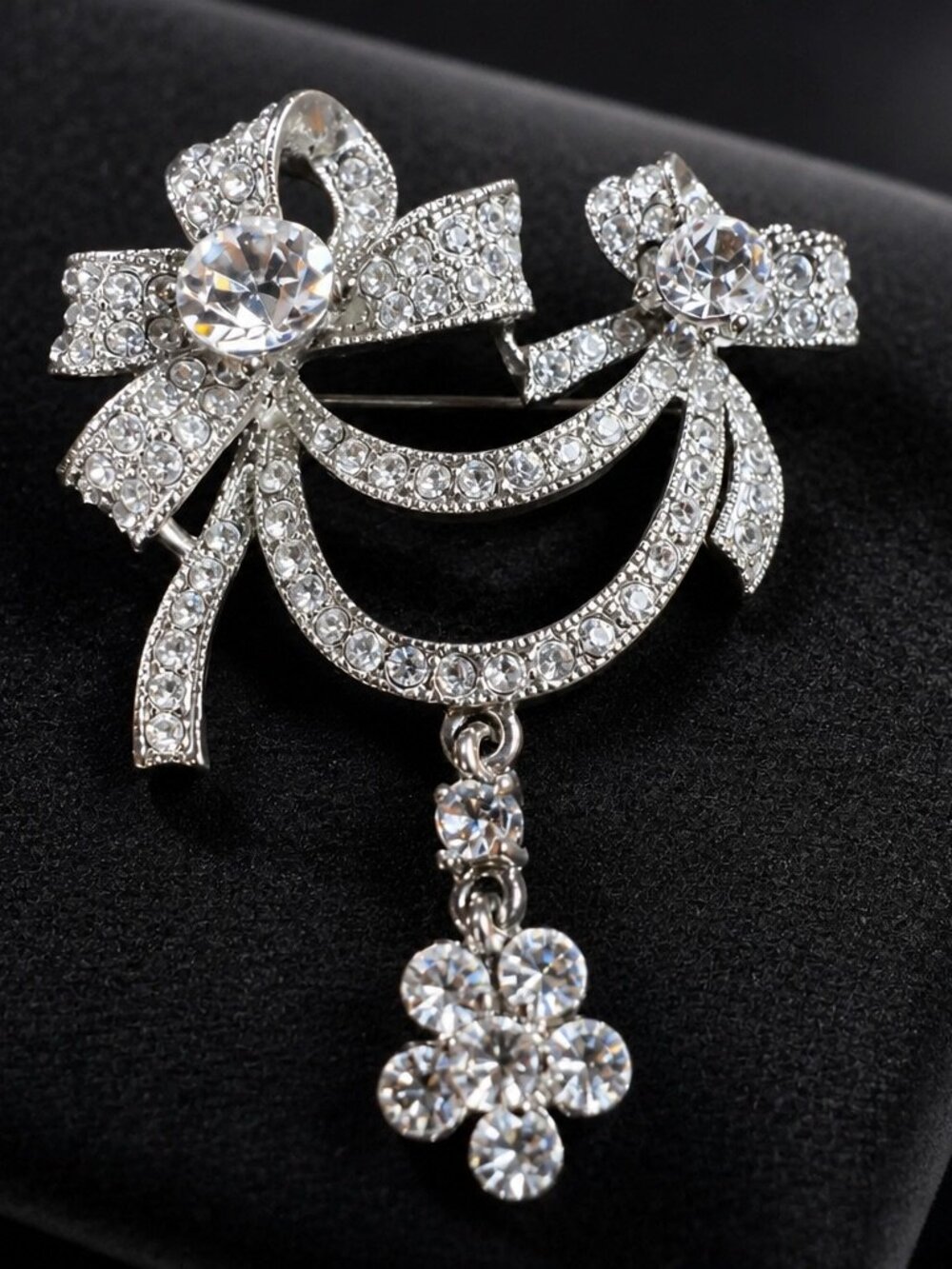 Vintage Crystal Bow & Flower Dangle Brooch Pin With Rhinestone Accents